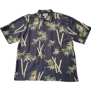 Hilo Hattie Hawaiian Silk Aloha Shirt Navy Bamboo Print All Over Large Camp